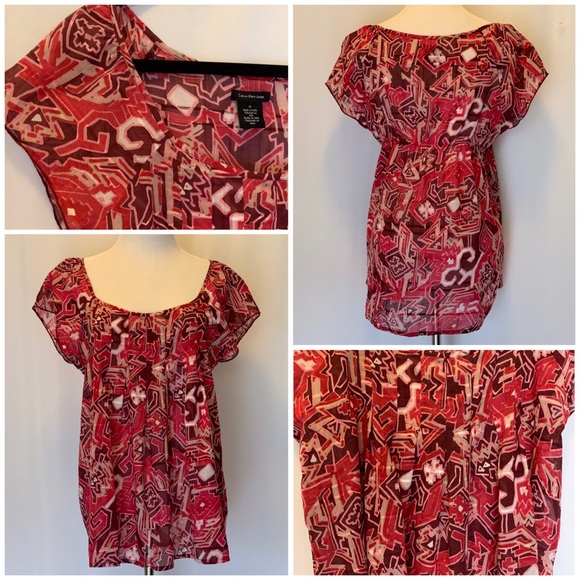 🔥5/$20🔥 Calvin Klein Cotton Berry Wine Ethnic Print Top - Picture 1 of 7